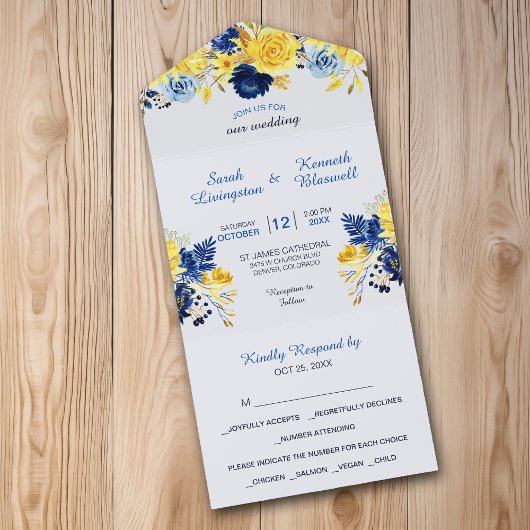 Bright Gold Navy Blue Floral Bouquet Wedding All In One Uitnodiging