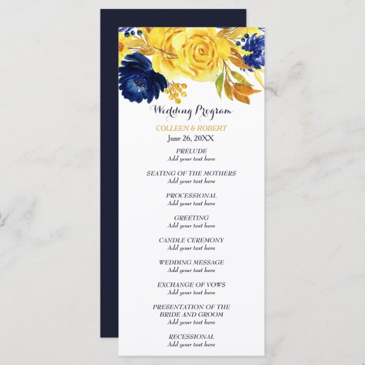 Bright Gold Navy Blue Floral bruiloft programma Programmakaart (Voorkant / Achterkant)
