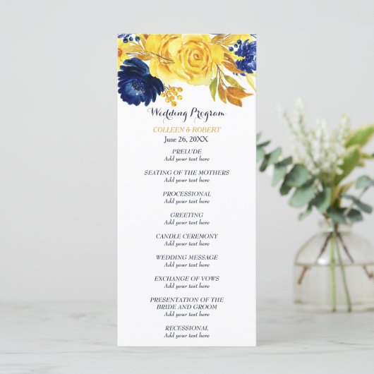 Bright Gold Navy Blue Floral bruiloft programma Programmakaart (Staand voorkant)