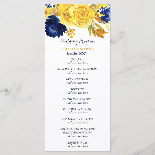 Bright Gold Navy Blue Floral bruiloft programma Programmakaart (Voorkant)