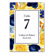 Bright Gold Navy Blue Floral Wedding Table Kaart