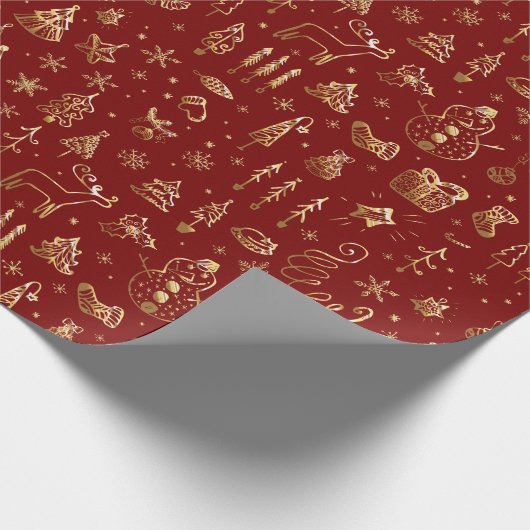 Bright Gold Red Boho Christmas Trees Snow Snoep Cadeaupapier (Hoek)