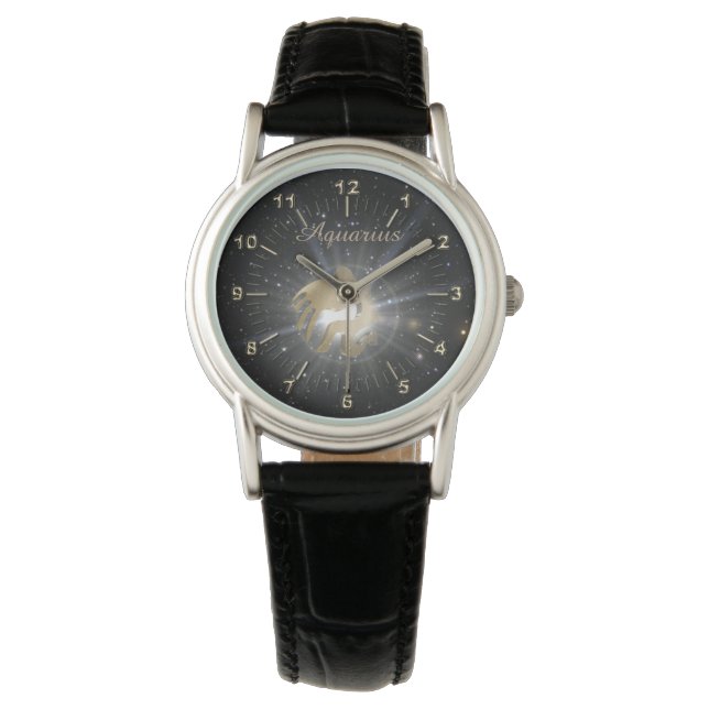 Bright gouden Aquarius Horloge (Voorkant)