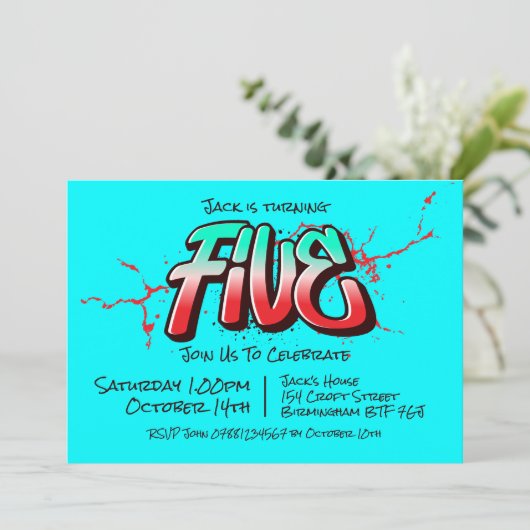 Bright Graffiti Vijf Uitnodiging (Staand voorkant)