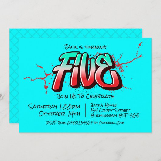 Bright Graffiti Vijf Uitnodiging (Voorkant / Achterkant)