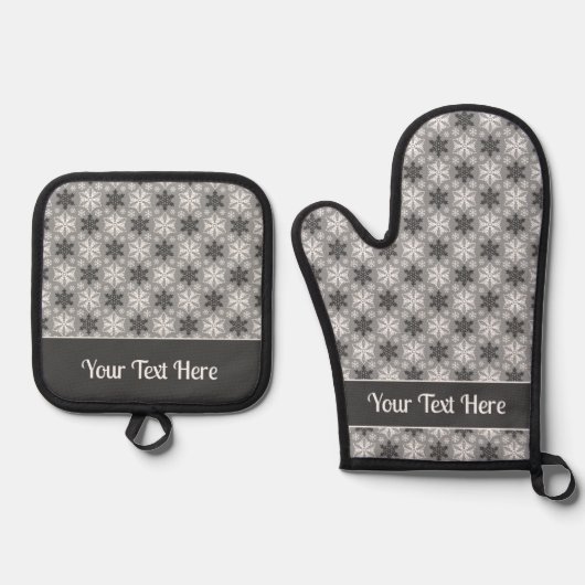 Bright Gray and Winter White Snowflake Pattern Ovenwant & Pannenlap Set (Voorkant)