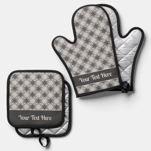 Bright Gray and Winter White Snowflake Pattern Ovenwant & Pannenlap Set (Voorkant / Achterkant)