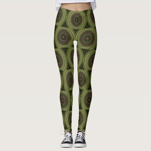 Bright Green Black en Red Mandala Retro Leggings (Voorkant)
