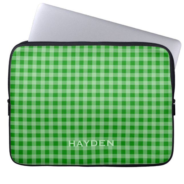 Bright Green Gingham Pattern gepersonaliseerd Laptop Sleeve (Voorkant)