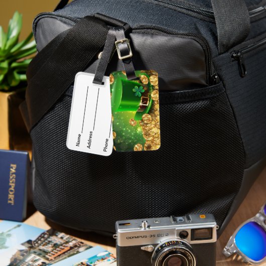 BRIGHT GREEN IRISH TOP HAT EN GOLD MUNTEN BAGAGELABEL (Voorkant /achterkant)