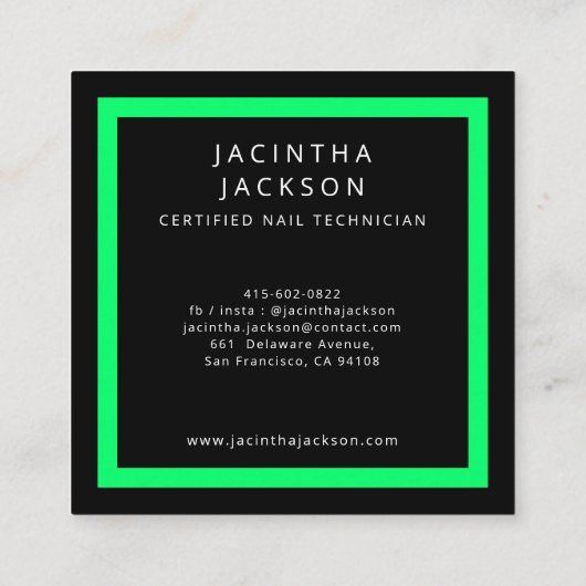 Bright Green Neon Modern Nail Technicus Salon Vierkante Visitekaartje (Achterkant)