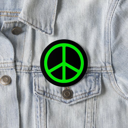 Bright Green Peace Sign op zwarte Pinback Ronde Button 7,6 Cm (In situ)