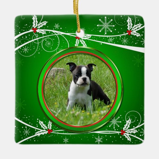 Bright Green Red en White Holly Pet Foto Keramisch Ornament (Voorkant)