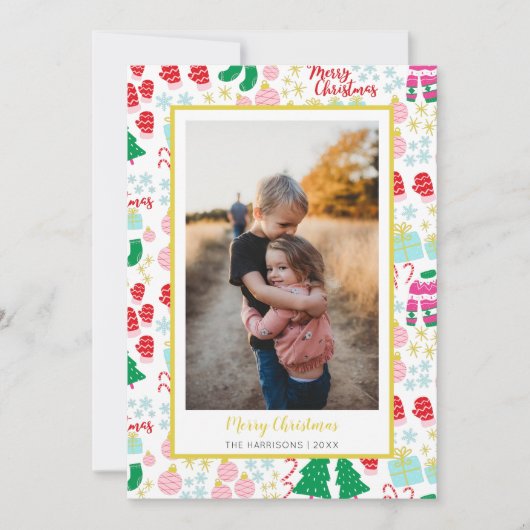 Bright Happy Christmas Pattern Foto Feestdagenkaart (Voorkant)