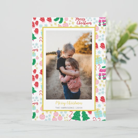 Bright Happy Christmas Pattern Foto Feestdagenkaart (Staand voorkant)