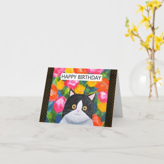 Bright Happy Floral Tuxedo Cat Art Lover Verjaarda Kaart (Gele Bloem)