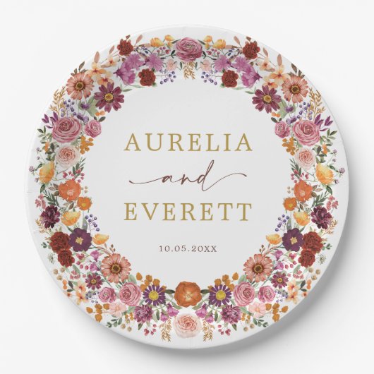Bright Herfst Wildflower Garden Krans bruiloft Papieren Bordje (Voorkant)