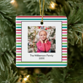 Bright Holiday Christmas Stripes Fotosjabloon Keramisch Ornament