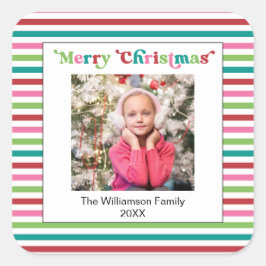 Bright Holiday Christmas Stripes Fotosjabloon Vierkante Sticker