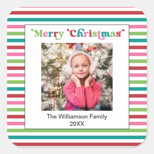 Bright Holiday Christmas Stripes Fotosjabloon Vierkante Sticker (Voorkant)