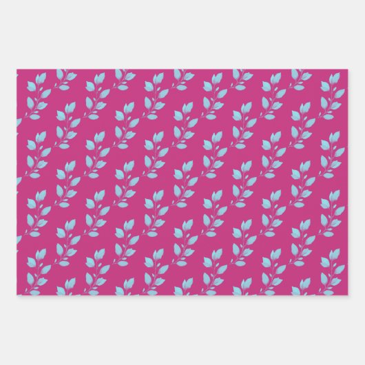Bright Hot Pink & Pastel Blue Waterverf Botanisch Inpakpapier Vel (Voorkant 3)