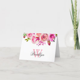 Bright Hot-Roze Floral Monogrammed Note Kaart