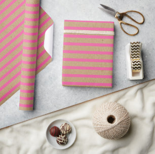 Bright Hot Summer Pink Stripes Faux Brown Kraft Cadeaupapier