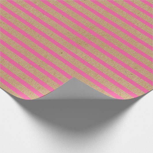 Bright Hot Summer Pink Stripes Faux Brown Kraft Cadeaupapier (Hoek)