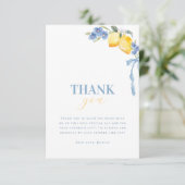 Bright Italian Blue Bow Lemon Floral Bridal Shower Bedankkaart (Staand voorkant)