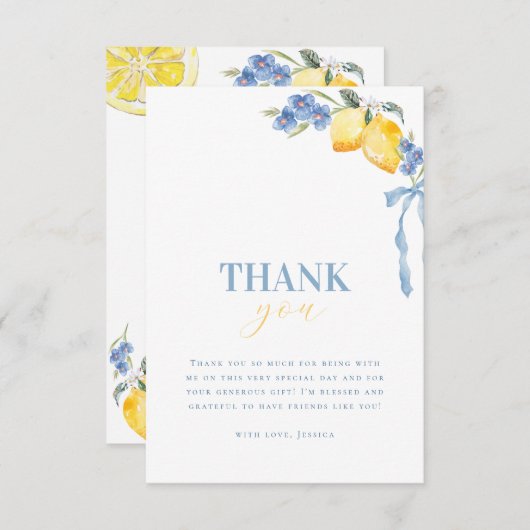 Bright Italian Blue Bow Lemon Floral Bridal Shower Bedankkaart (Voorkant / Achterkant)