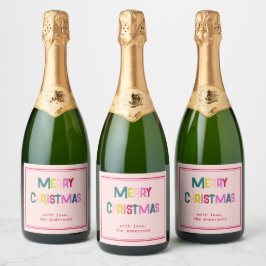 Bright & Joyful Merry Christmas Blush Pink Sparkling Wijnetiket