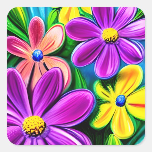 Bright kleurrijke Daisy Flowers Vierkante Sticker (Voorkant)