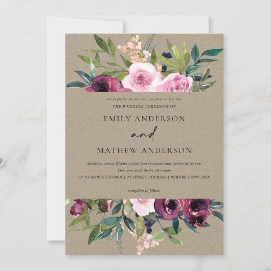 BRIGHT KRAFT BLUSH BURGUNDY FLORAL BUNCH WEDING KAART (Voorkant)