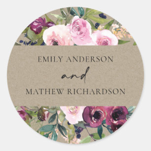 BRIGHT KRAFT BLUSH BURGUNDY FLORAL BUNCH WEDING RONDE STICKER