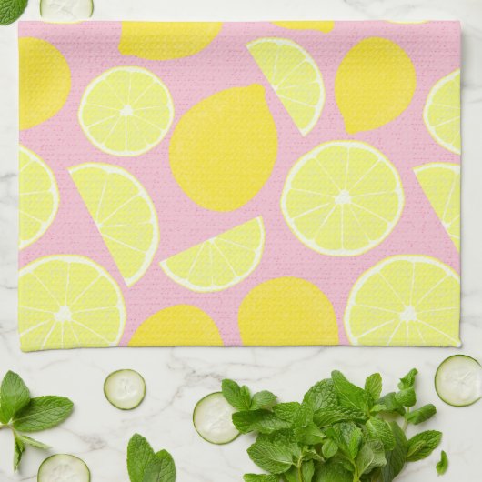 Bright Lemon Design op zachte roze achtergrond Theedoek (Gevouwen)