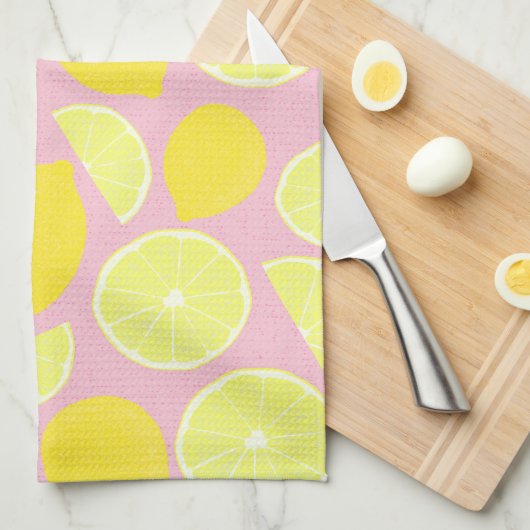 Bright Lemon Design op zachte roze achtergrond Theedoek (Quarter Fold)