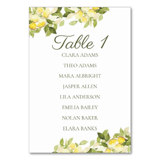 Bright Lemon Fresh Numeric Seating Chart Card Kaart (Voorkant)