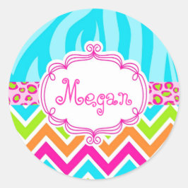 Bright Leopard Zebra Print Chevron Monogram Ronde Sticker