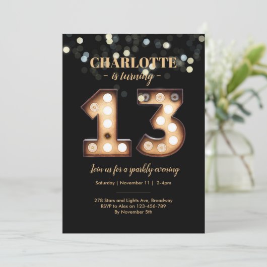 Bright Lights Sparkly 13e verjaardag uitnodiging (Staand voorkant)