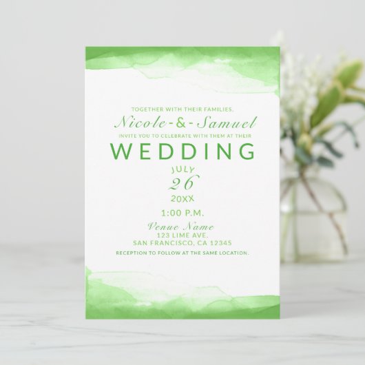 Bright Lime Green Waterverf Chic Modern Wedding Kaart (Staand voorkant)