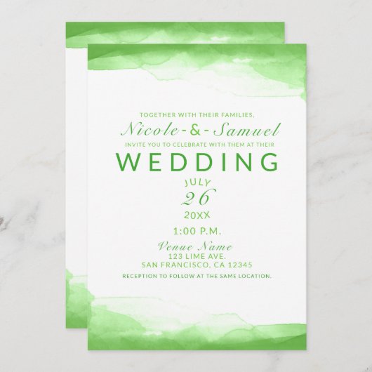 Bright Lime Green Waterverf Chic Modern Wedding Kaart (Voorkant / Achterkant)