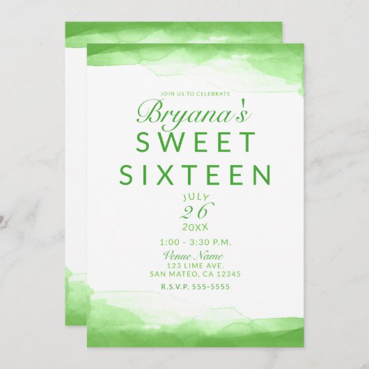 Bright Lime Green Waterverf Chic Sweet 16 Party Kaart (Voorkant / Achterkant)