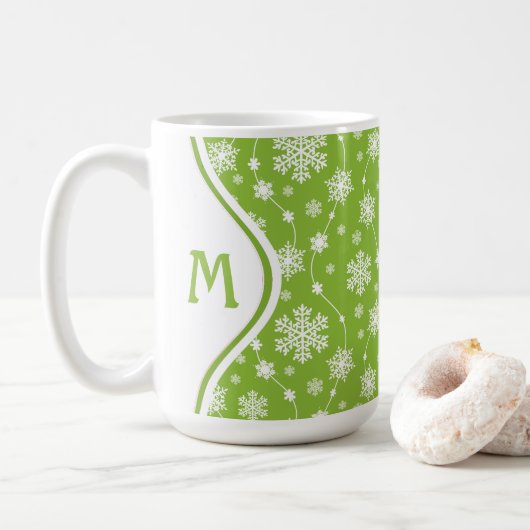 Bright Lime Green Winter White Snowflake Monogram Koffiemok (Met donut)