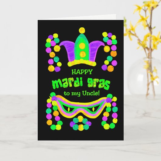Bright Mardi Gras Kaart voor Uncle on Black (Gele Bloem)