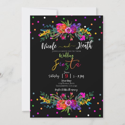 Bright Modern Floral en Black Fiesta Wedding Kaart (Voorkant)