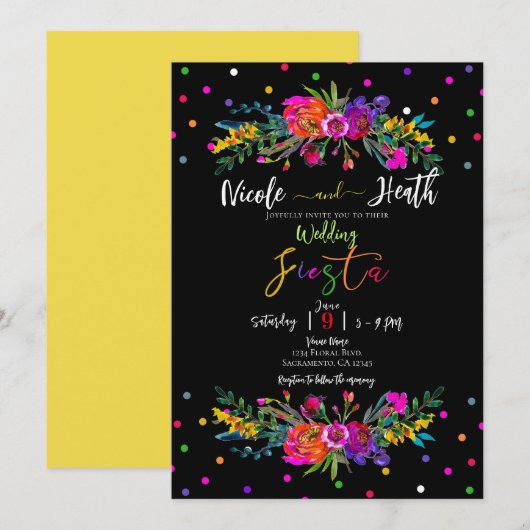 Bright Modern Floral en Black Fiesta Wedding Kaart (Voorkant / Achterkant)