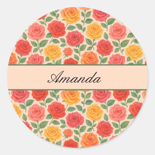 Bright Multicolor Roos Name Pattern Ronde Sticker (Voorkant)