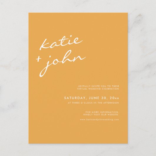 Bright Mustard Yellow minimalist virtueel huwelijk Uitnodiging Briefkaart (Voorkant)