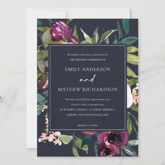 BRIGHT NAVY BLUSH BURGUNDY FLORAL BUNCH WEDDING KAART (Voorkant)