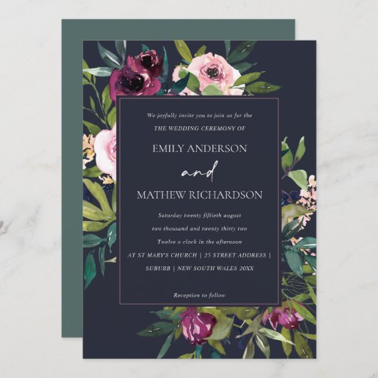 BRIGHT NAVY BLUSH BURGUNDY FLORAL BUNCH WEDING KAART (Voorkant / Achterkant)